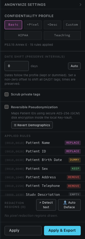 dcmage anonymize settings panel with PS3.15 profiles and applied rules